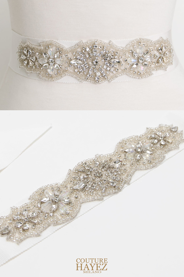 cintura gioiello ricamata color argento per completare l'abito da sposa