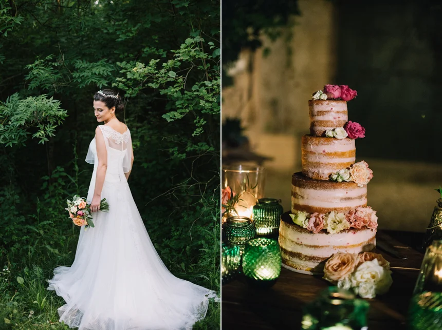 ispirazione nozze green wedding, tem floreale, naked wedding cake con fiori veri