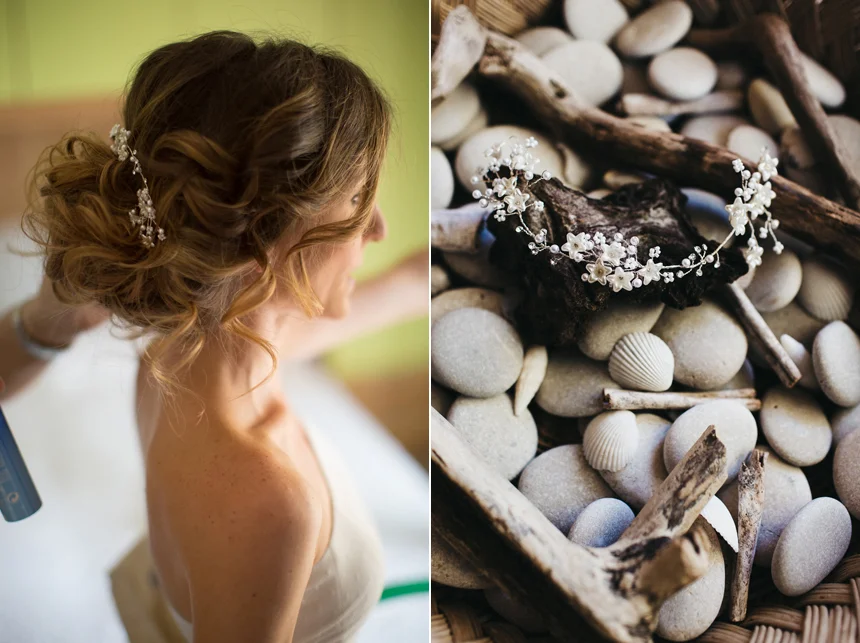 capelli sposa boho, pettinino perline e fiori piccoli , acconciatura sposa 2018