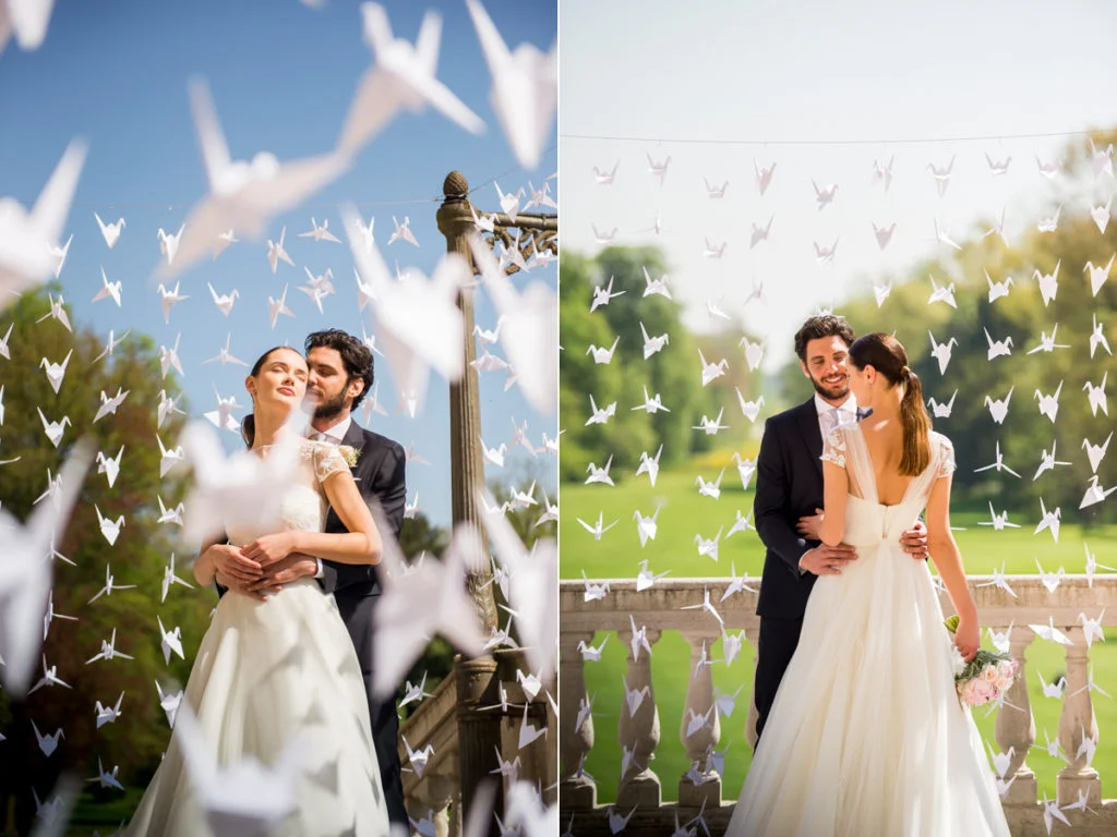 photobooth degli sposi esterno con origami, foto gabriele basilico, abito sposa 2019 