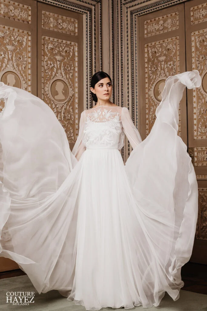 abito sposa con maniche lunghe , a bridal gown with embroidered blouse, chiffon flowy skirt