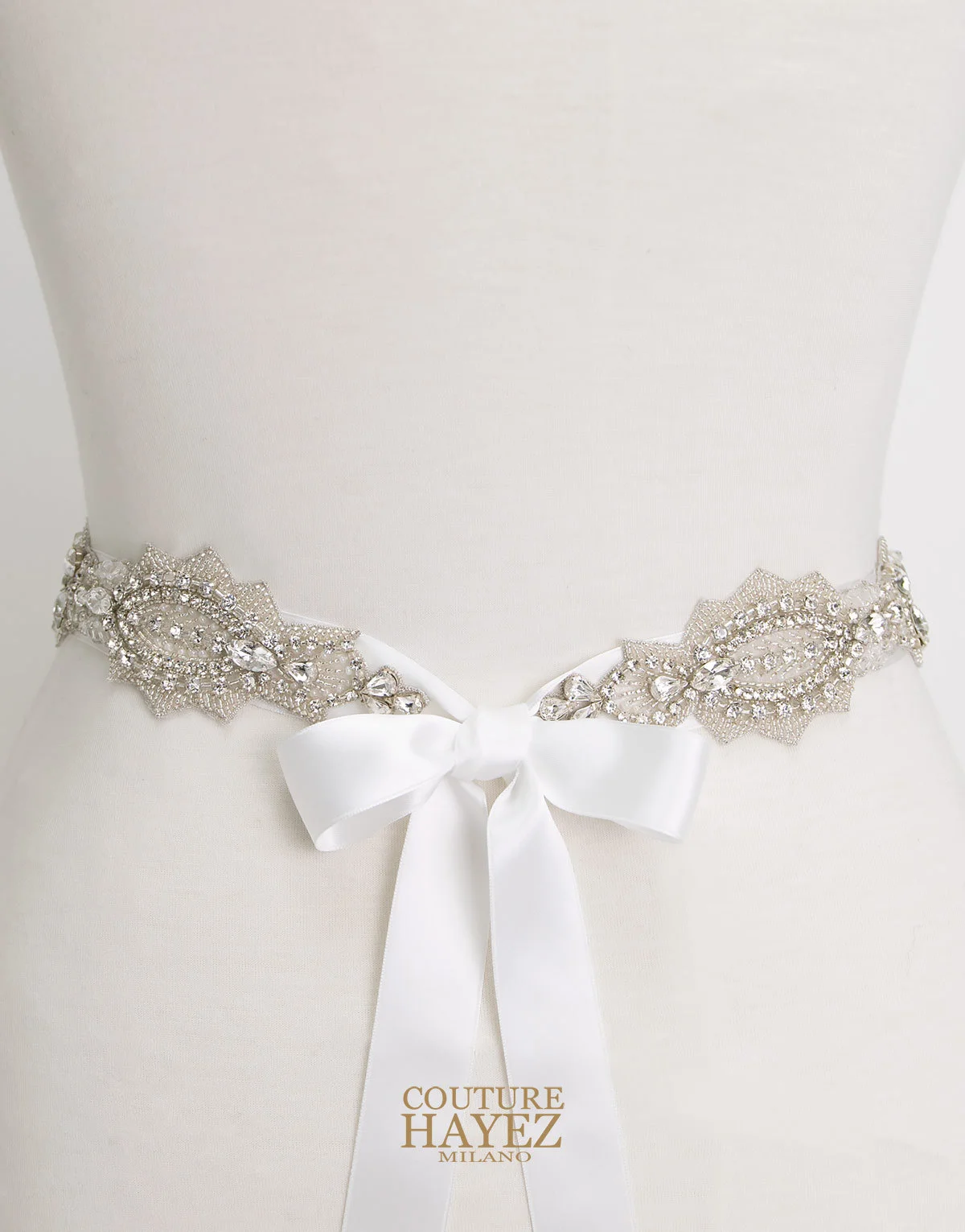 cintura sposa gioiello argento, cinture gioiello firmate, cintura gioiello sposa con nastro in raso bianco