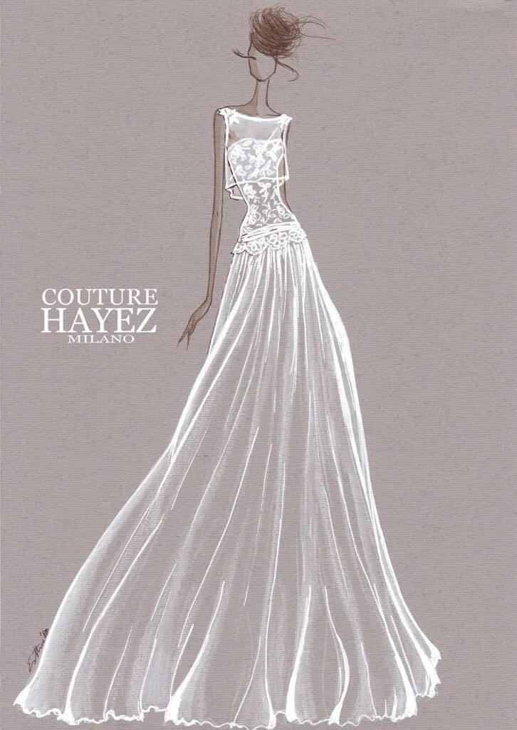 figurino alta moda abito da sposa sartoriale su misura Couture Hayez Milano