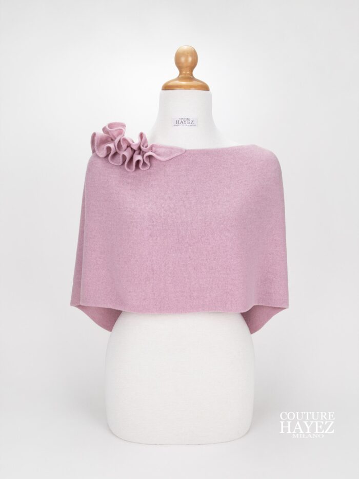coprispalle elegante invernale, coprispalle in lana rosa con ruche sulla spalla, coprispalle invernale cerimonia