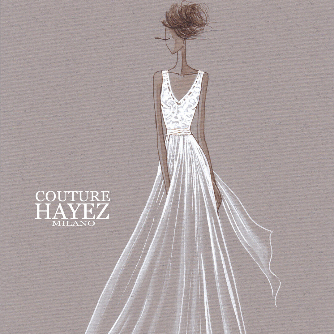 figurino abito da sposa con scollo a v Couture Hayez Milano