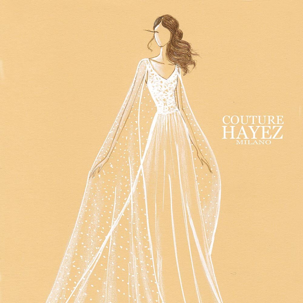 figurino abito da sposa boho chic con mantella Couture Hayez Atelier
