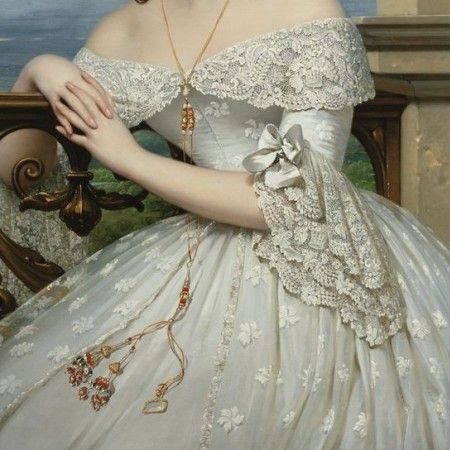 abito bianco ricamato stile sposa dipinto epoca vittoriana