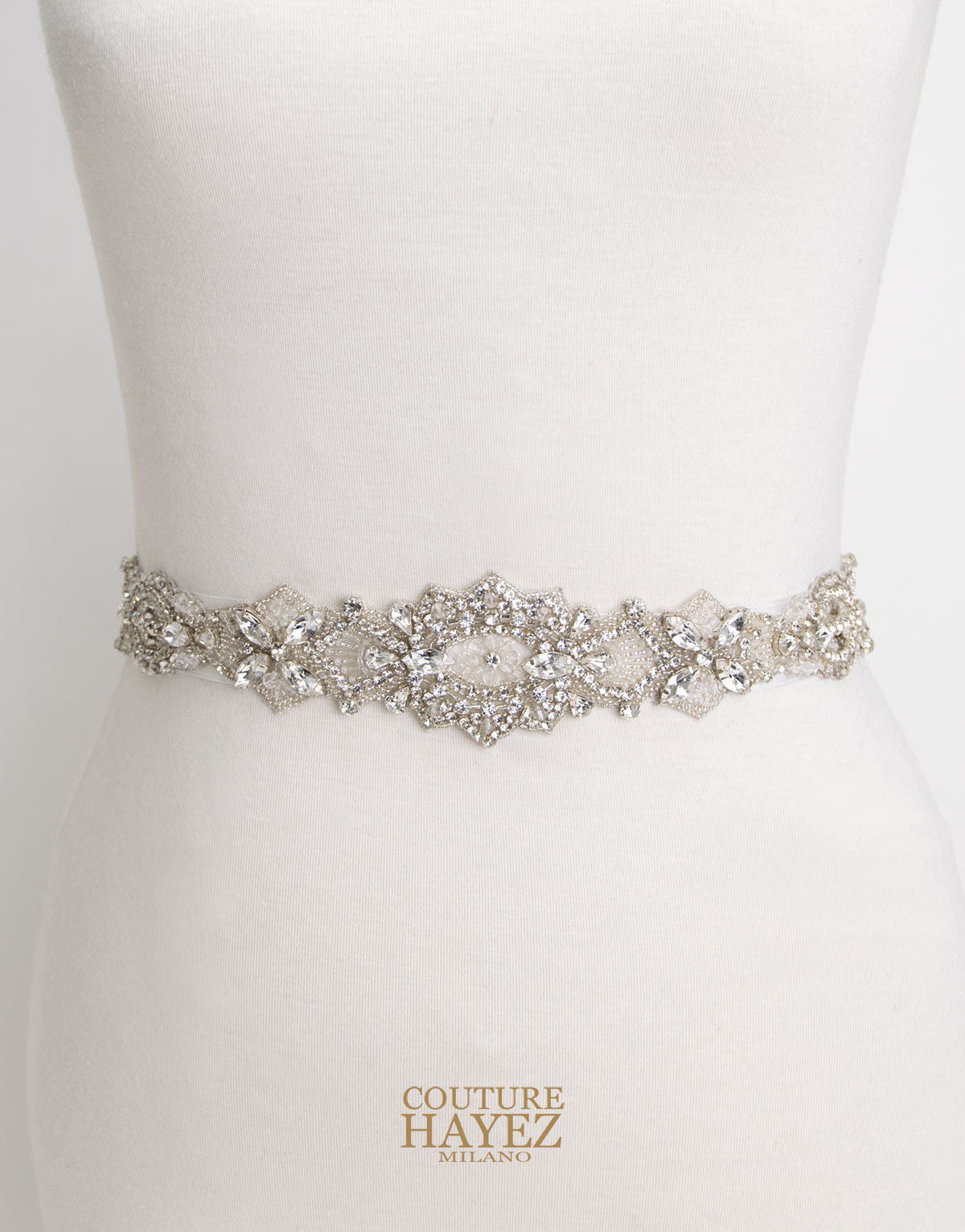 Cintura gioiello sposa argento ricamata con cristalli Couture Hayez Milano
